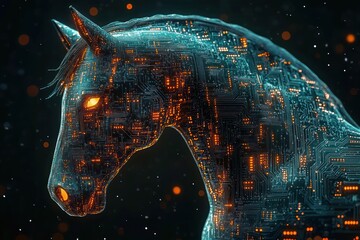 Digital horse head formed by glowing circuit board patterns emitting orange light on dark background suggesting futuristic technology and artificial intelligence