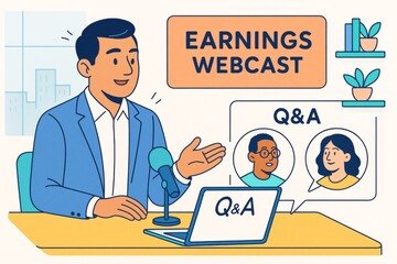 Businessman hosting earnings webcast with Q&A session, illustrated in cartoon style with modern office background and digital communication concept. Ai generative