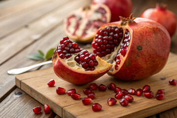 Close up of ripe juicy pomegranate with shiny red seeds on wood