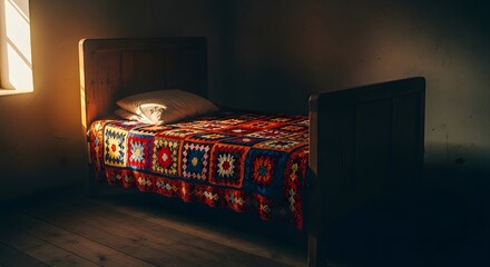A dimly lit bedroom features a bed with a colorful quilt and a pillow.