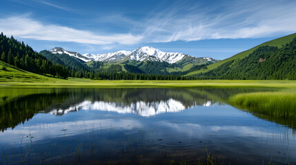 Naklejka premium Mountain lake with snowcapped peaks and green hills