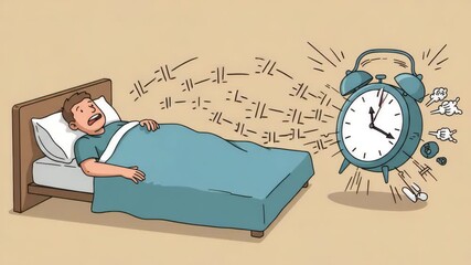 A man lies in bed with his eyes closed while an alarm clock rings loudly nearby