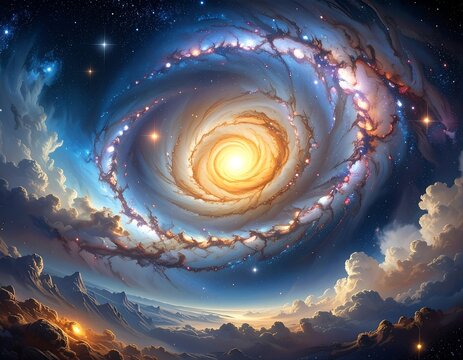 A swirling cosmic spiral galaxy amidst celestial clouds and stars