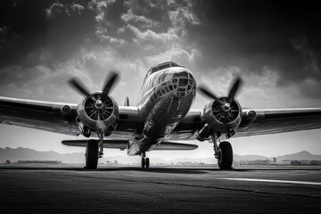 Black and white image of a vintage twin-engine propeller airplane on runway with mountains and cloudy sky in the background