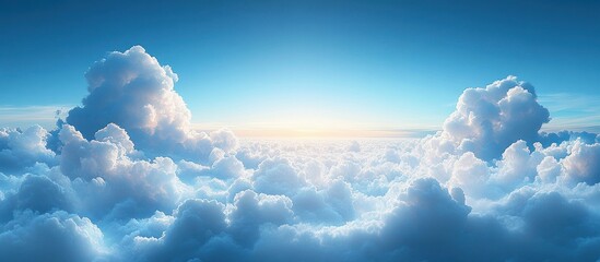 Expansive view of fluffy white clouds under a clear blue sky with soft sunlight on the horizon creating a serene and peaceful atmosphere