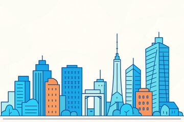 Fototapeta premium Modern city skyline illustration with tall buildings and skyscrapers in blue and orange tones on light background with copyspace for design template. Ai generative