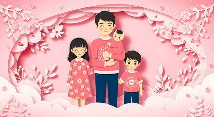 Happy Family Portrait, Father Holding Baby with Two Children Standing Beside, Surrounded by Pink Paper Flowers