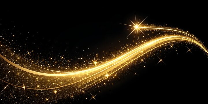Golden light trails and sparkling particles swirl and dance across a dark background creating a magical and festive abstract motion effect - Powered by Adobe