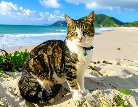 A tabby cat with green eyes on a tropical beach
