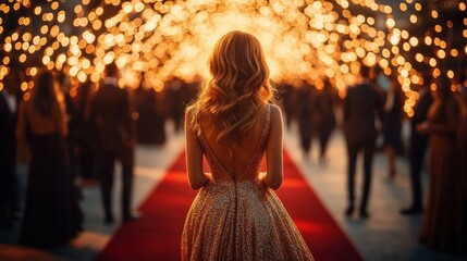 Woman in sparkling gown walking down a red carpet under warm glowing lights with blurred crowd surrounding