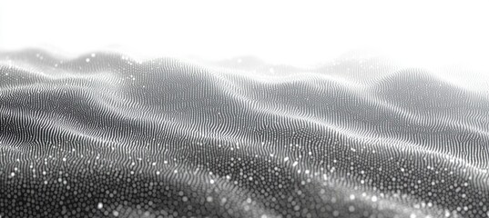 Abstract black and white digital wave landscape composed of numerous small particles creating a smooth, flowing terrain with a luminous, futuristic feel