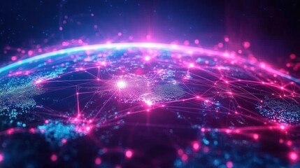 Obraz premium Glowing digital network connections over a stylized globe with bright pink and blue lights representing global data flow and technology