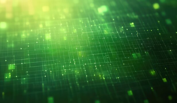 abstract digital grid with glowing green squares and white dots on a blurred gradient background conveying a futuristic and technological atmosphere