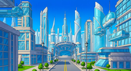 Futuristic Cityscape A Modern Metropolis with Glass Skyscrapers and Urban Transportation Systems
