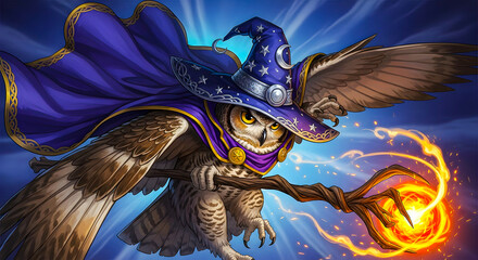 Enchanted Owl Wizard with Magical Staff A Fantasy Illustration