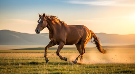 Majestic Horse Galloping Through a Field at Sunset A Captivating Scene of Freedom and Beauty