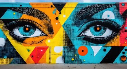 Vibrant street mural featuring two large expressive eyes with blue irises against a colorful geometric background of yellow, orange, blue, black, and red shapes
