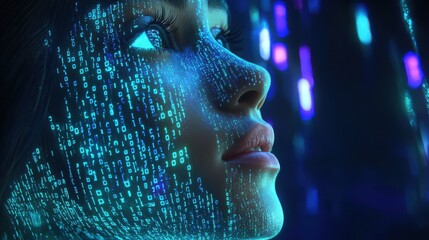 Young woman with binary code on face in digital environment