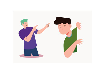 A vector illustration featuring two boys. One boy is pointing, while the other is hiding behind a wall or surface. The style is flat, with simple shapes and clean lines.