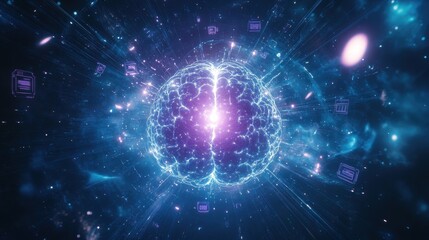 Digital brain with glowing data streams in abstract space