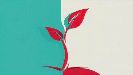 Naklejka premium Minimalist red and turquoise abstract plant illustration with dual color background and symbolic eco design