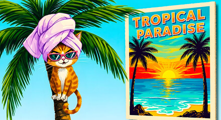 Vibrant illustration of a relaxed cat in sunglasses and a towel on a palm tree, with a 'Tropical Paradise' sunset beach poster, perfect for summer vacation themes