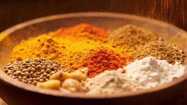 Variety of spices in a wooden bowl, including turmeric, paprika, cumin, ginger, coriander, and flour, with orange powder sprinkling down, close-up.
