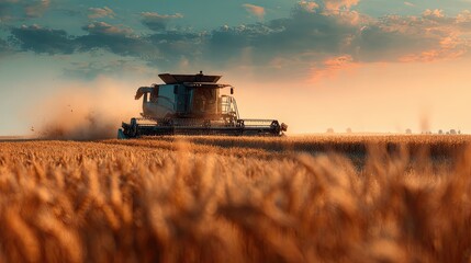 Naklejka premium A combine harvester works in a golden wheat field under a colorful sky at sunset, showcasing agricultural productivity and the beauty of rural landscapes.