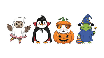 Whimsical Halloween Costumes: A delightful collection of playful animal characters dressed in charming and creative Halloween costumes, radiating an aura of childlike innocence and festive mirth.