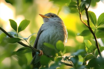 Obraz premium small gray bird perched on green leafy branch with soft natural sunlight illuminating feathers and foliage