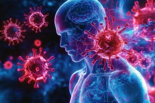 illustration of translucent human figure with visible brain surrounded by glowing red virus particles in dark blue background representing infection or disease