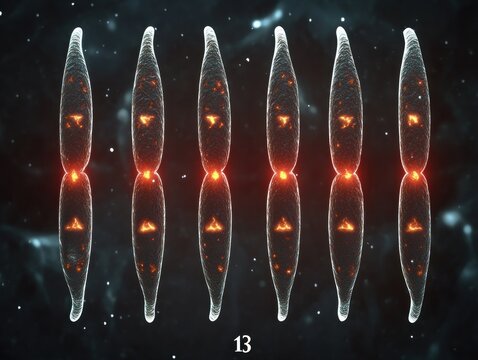 Six elongated, glowing red and orange microscopic structures arranged vertically against a dark background emitting a sense of scientific discovery