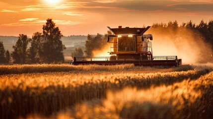Obraz premium A combine harvester works in a golden field at sunset, surrounded by trees, showcasing the beauty of agricultural life.