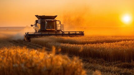 Fototapeta premium A combine harvester works at sunset, cutting through golden wheat fields, creating a picturesque agricultural scene filled with golden hues and dust.