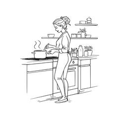 Black and White Illustration of Beautiful Woman Cooking in the Kitchen Minimalist Elegant Artwork Design