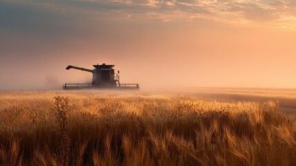 Naklejka premium A serene landscape depicting a combine harvester working in a golden wheat field at dawn, surrounded by mist and soft morning light.