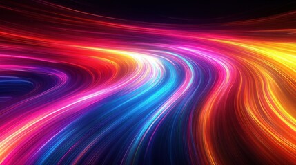 Vibrant flowing abstract light trails in bright neon colors including pink, blue, yellow, red, and orange creating a sense of dynamic motion and energy