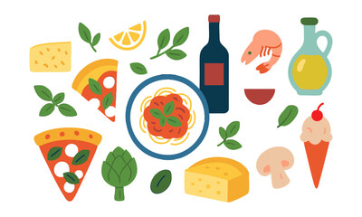 Italian Food Icons Set Pizza, Pasta, Citrus, Olives Flat Vector Illustration, Mediterranean food collection. Healthy ingredients. Illustrations of traditional products are easily editable.