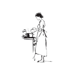 Black and White Illustration of Beautiful Woman Cooking in the Kitchen Minimalist Elegant Artwork Design