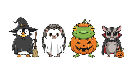 Halloween Animal Characters : An adorable set of Halloween animal illustrations in their unique costumes, featuring penguin witch, hedgehog ghost, frog pumpkin, and sugar glider vampire. 