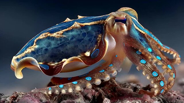 A marine creature with vibrant blue spots and intricate patterns on its textured skin