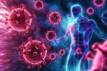 Human body with muscular and circulatory systems surrounded by multiple red virus particles in a glowing blue and purple space