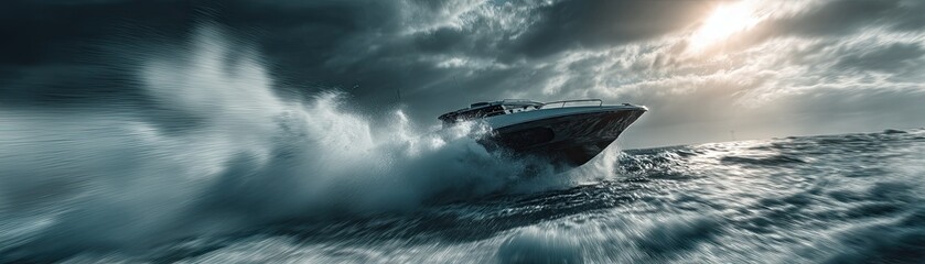 A sleek boat cuts through turbulent waters under a dramatic sky, showcasing power and adventure on the open sea.