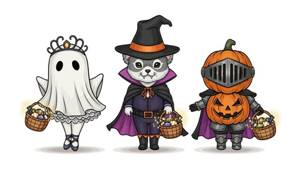 Festive Trio: Three adorable cartoon characters, a ghost, a puppy, and a pumpkin person, don delightful Halloween costumes, each clutching a basket of candy.