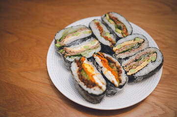 Homemade Japanese Onigirazu Rice Sandwich with Meat and Egg