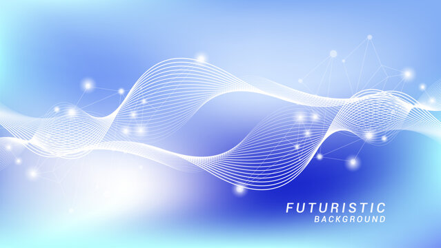 Abstract background of future technology concept. Gradient blue background with shining wave and plexus lines ornament. Design for presentation, banner, poster science and technology background.