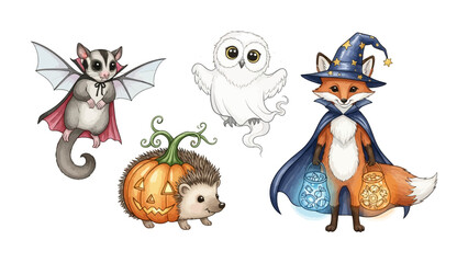 Naklejka premium Enchanted Halloween Menagerie: A charming gathering of whimsical creatures adorn a magical Halloween scene, evoking the spirit of spooky festivities and autumnal delight.