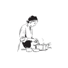 Black and White Illustration of Beautiful Woman Cooking in the Kitchen Minimalist Elegant Artwork Design