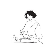 Black and White Illustration of Beautiful Woman Cooking in the Kitchen Minimalist Elegant Artwork Design