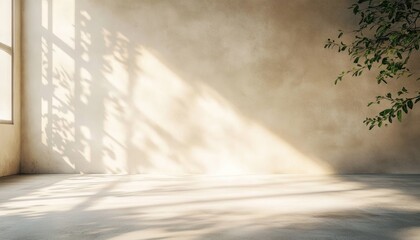 Sunlight casting soft shadows of window frames and leaves on a plain beige wall and floor creating a calm and peaceful atmosphere in an empty room